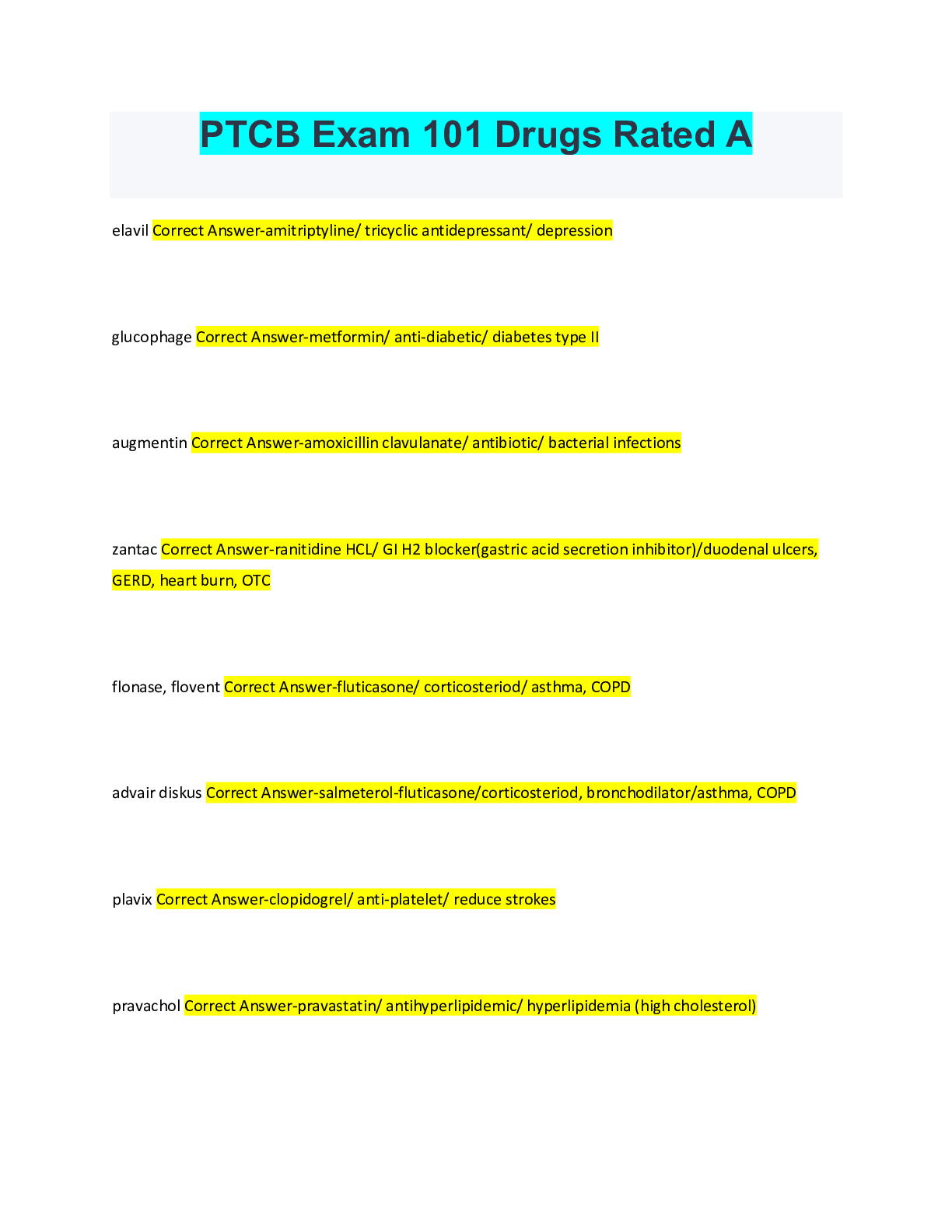 Preview of PTCB Exam 101 Drugs Rated A
